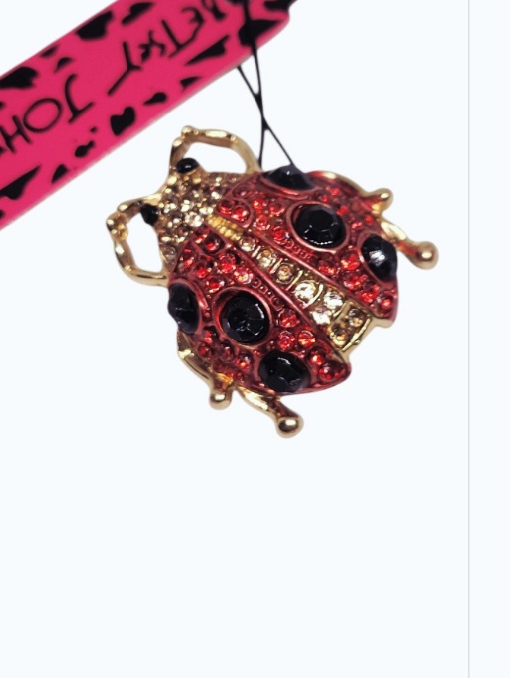 Red And Black Lucky Ladybug Gold-Tone Brooch Sparkly Crystals Cute !